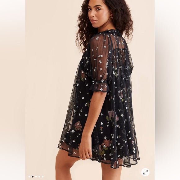 Free People With Love mesh Floral Mini Dress Black sheer Size S Boho Romantic - Picture 2 of 8